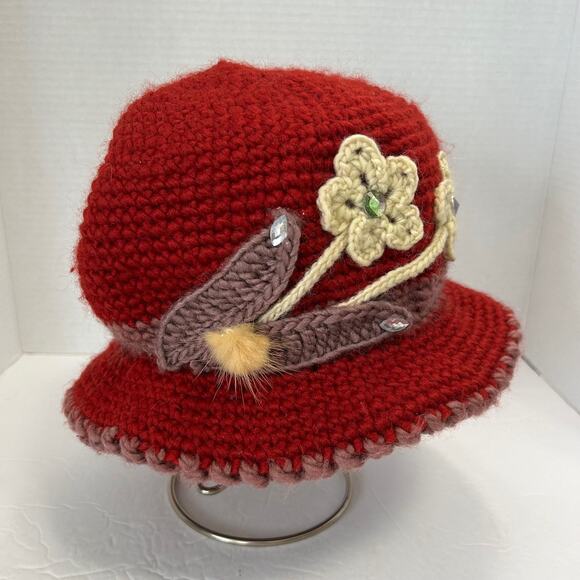 Vintage Crochet Flower Rhinestones Bucket Hat  Circumference 23.5\